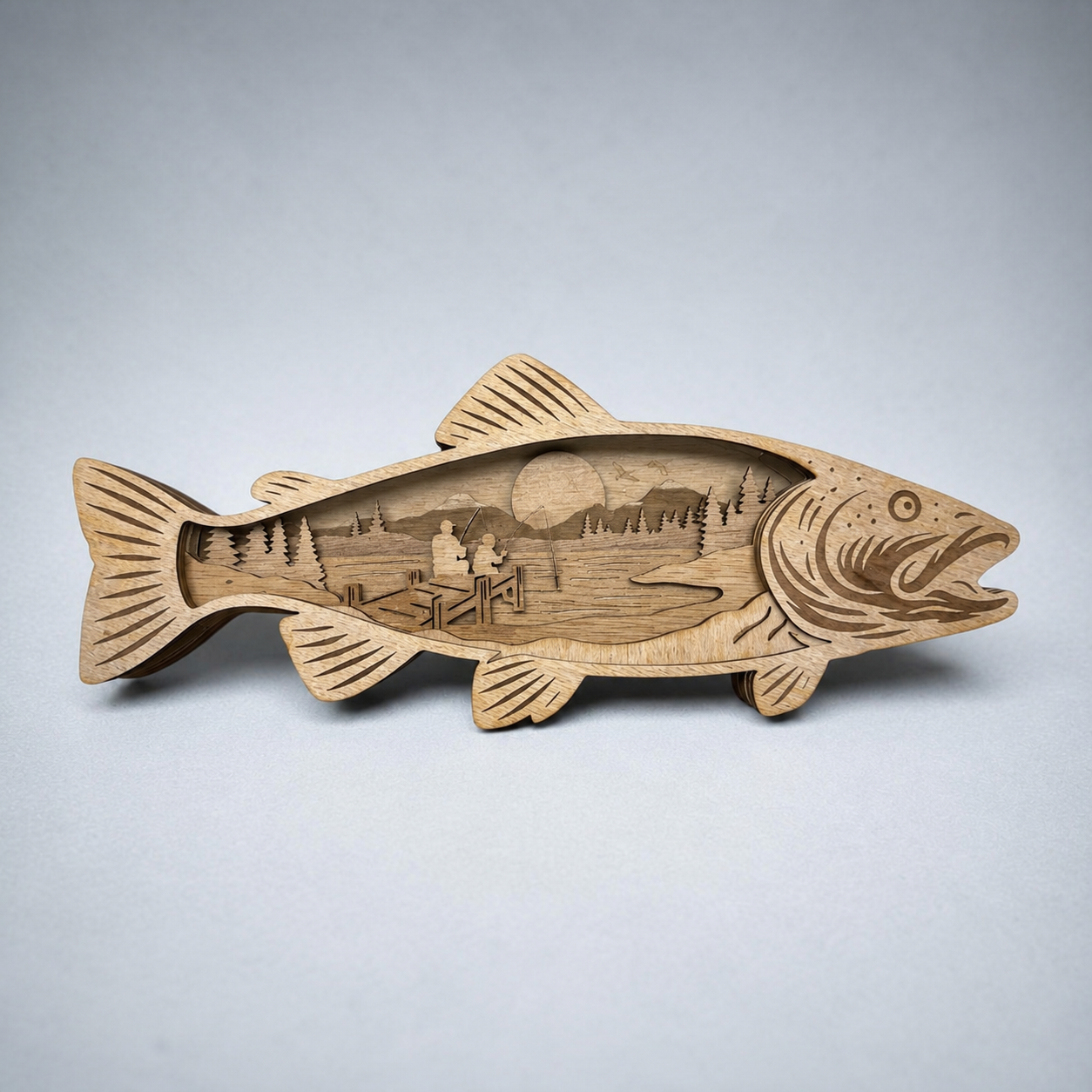 Layered Wooden Trout Fishing Scene Wall Art
