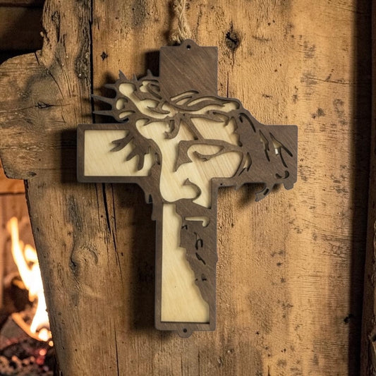 Handmade Wooden Cross Wall Decor – Jesus Crown of Thorns Christian Wall Art