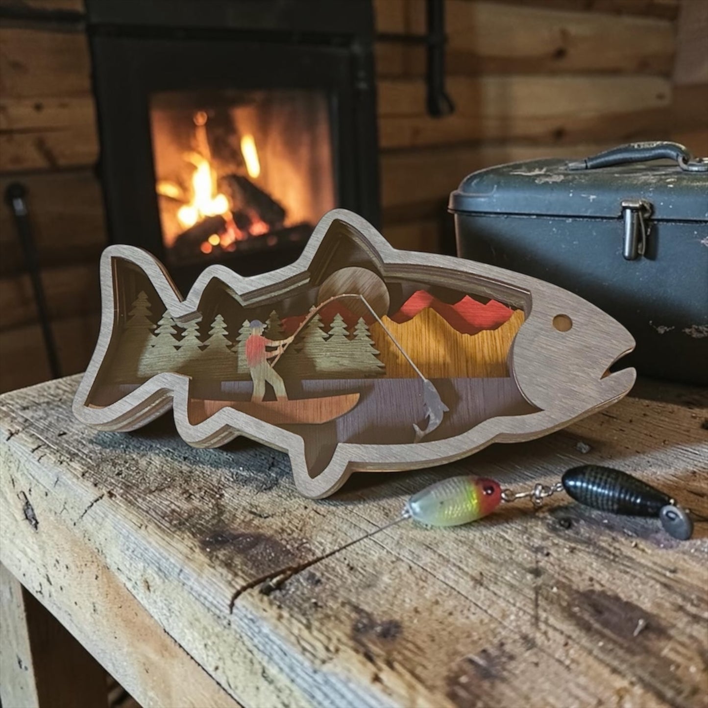 Layered Bass Fishing Scene Wood Wall Art