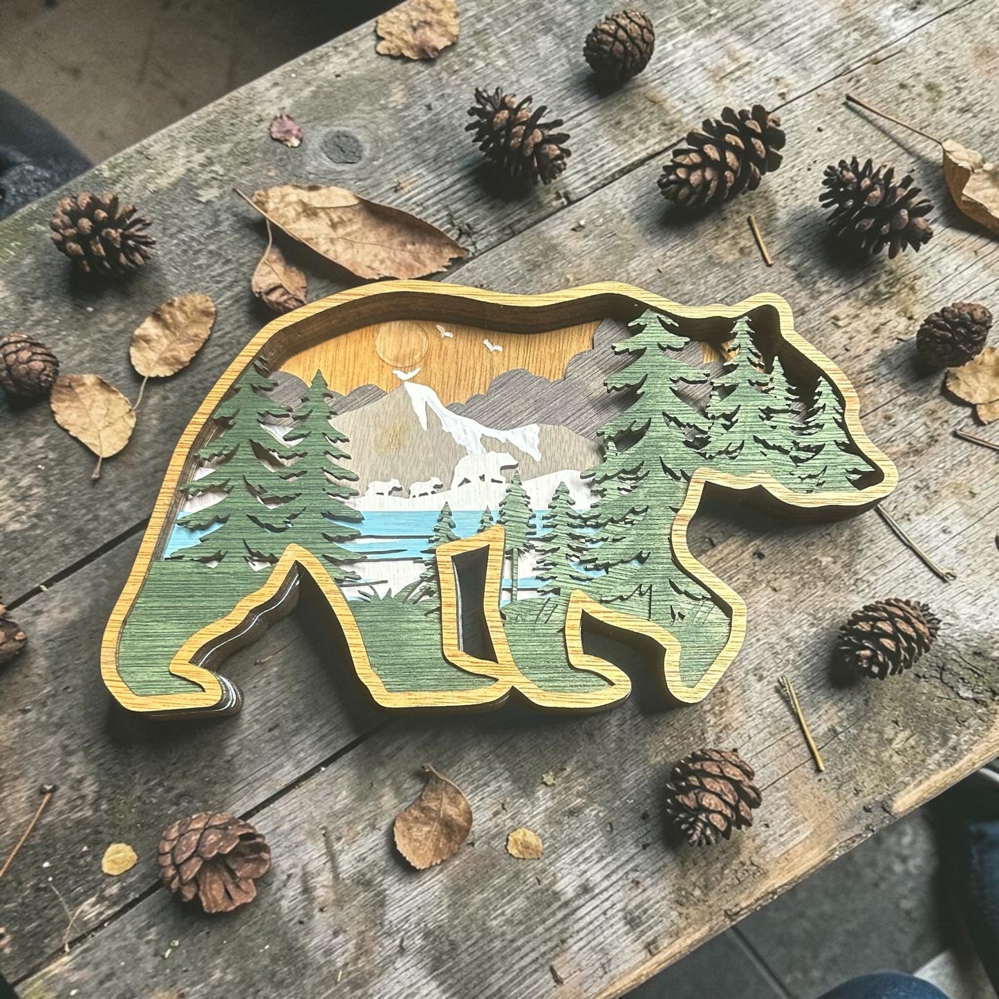 Layered Bear Scene Wood Wall Art