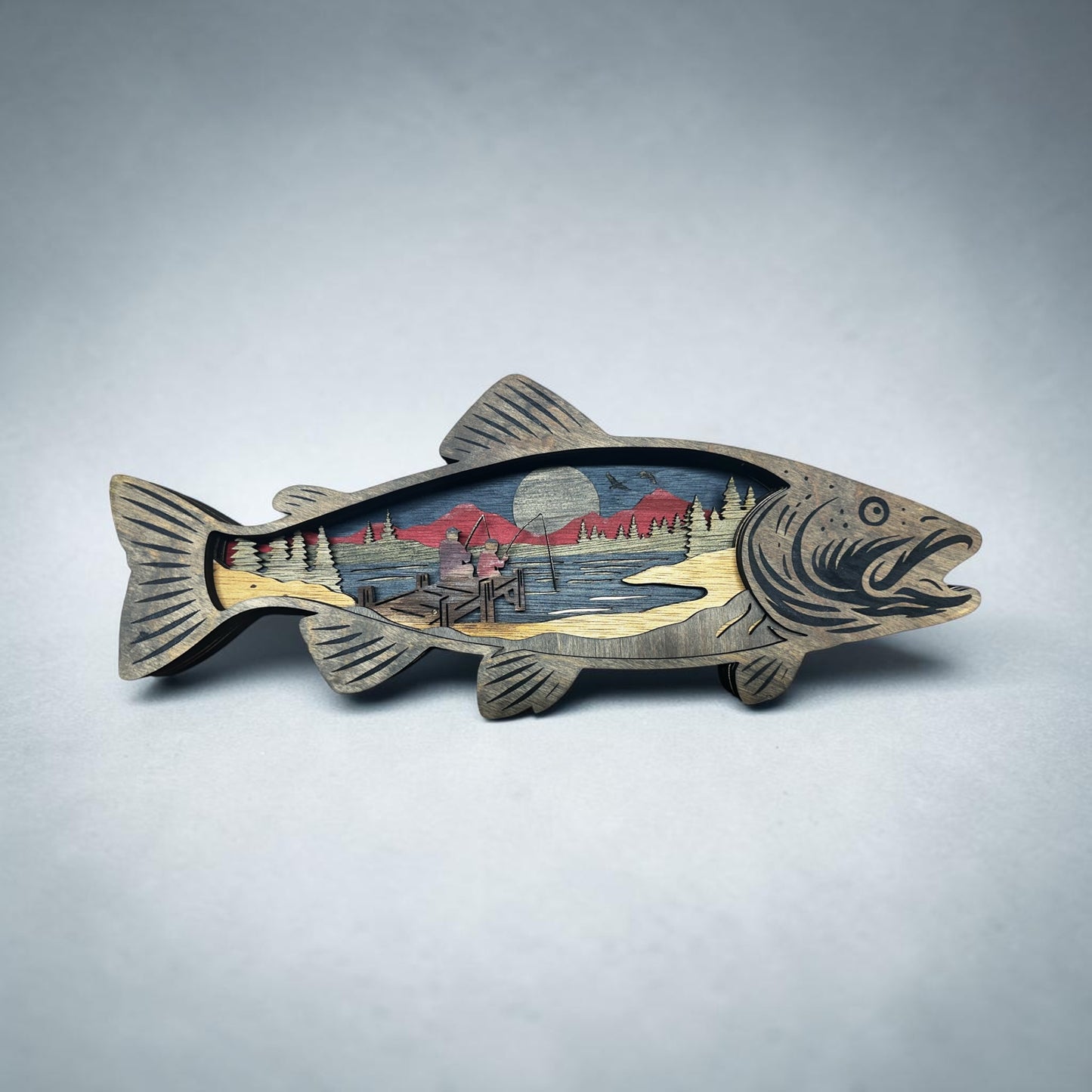 Layered Wooden Trout Fishing Scene Wall Art