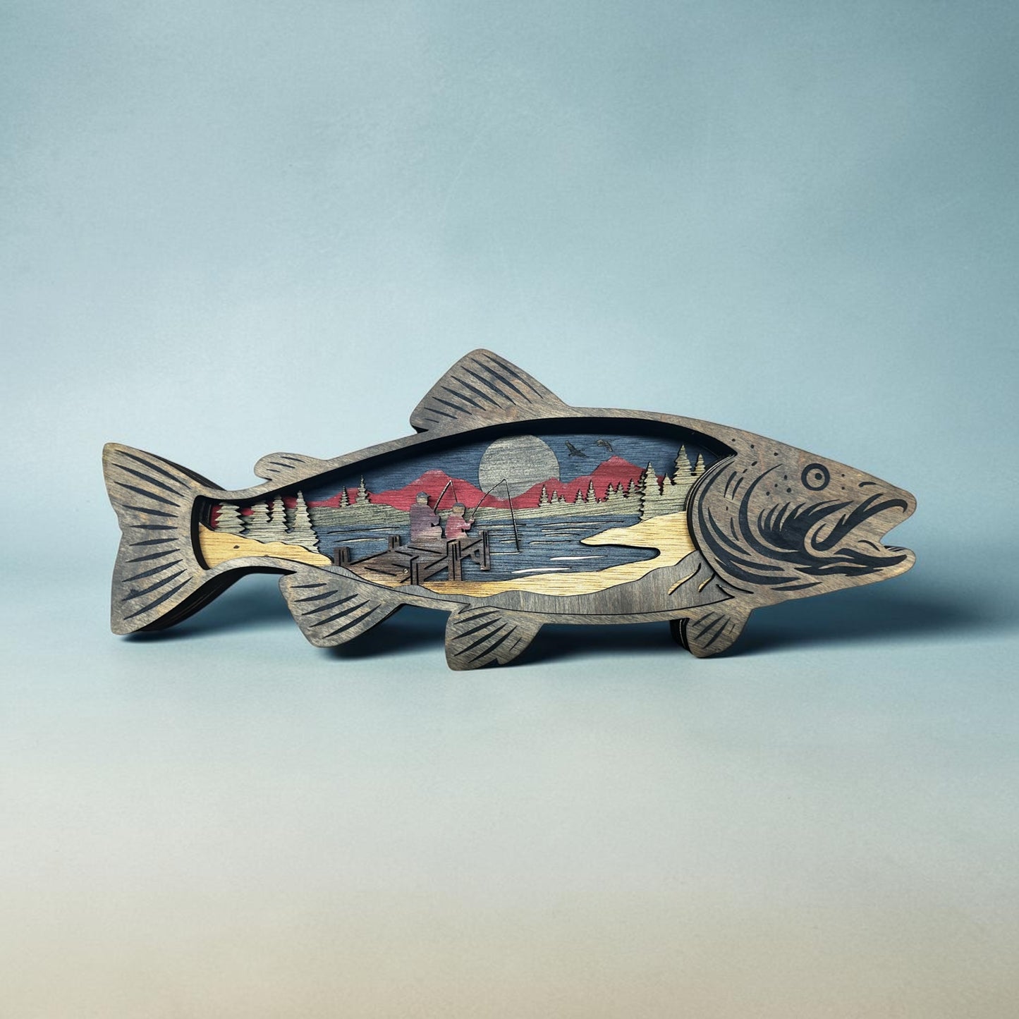 Layered Wooden Trout Fishing Scene Wall Art